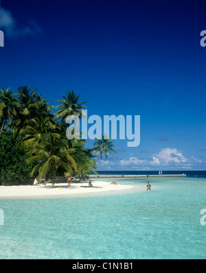 Tropischer Strand mit Urlaubern, Malediven. Stockfoto