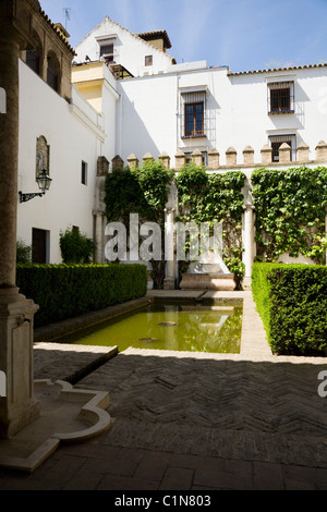 Innenhof mit dekorativen Wasserbecken an der Real Alcazar De Sevilla / Sevilla. Spanien. Stockfoto