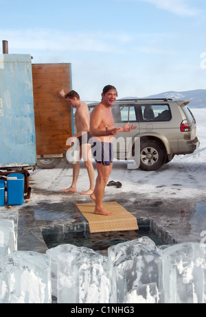 Mobile, Eis "russische Sauna", auf Bakal See. Stockfoto