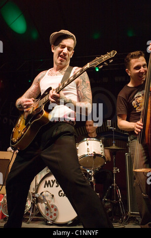 Mitglieder der Band Mystery Gang führen auf das Konzert in Budapest, Ungarn, 2010. Stockfoto