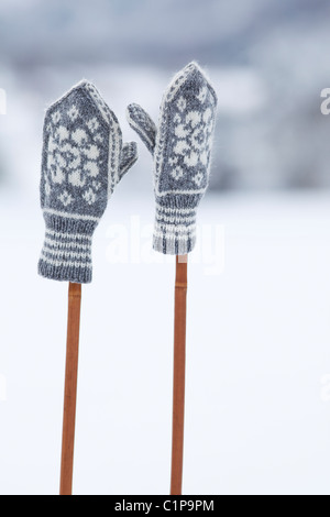 Zwei wolligen Handschuhe auf Ski-Stöcke Stockfoto