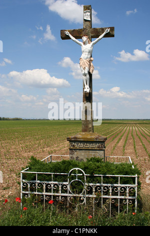 Elsass, Frankreich. Statue von Jesus Christus auf einem Steinkreuz steht in ein leeres Feld. Stockfoto