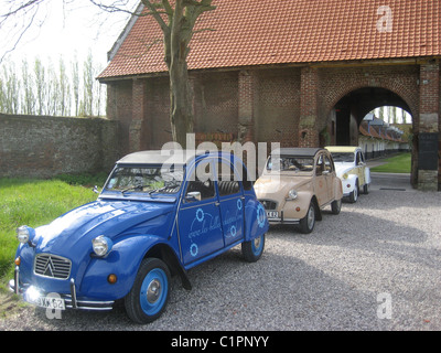 2008, drei unterschiedlich farbige Citroen 2CV-Autos in einer Auffahrt, fertig zum Verleih oder Verleih, Pas de Calais, Frankreich. Stockfoto