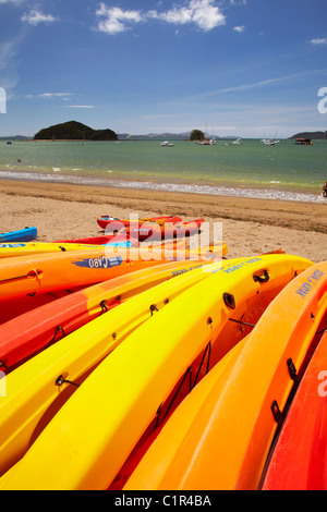 Kajaks am Strand, Paihia, Bay of Islands, Northland, Nordinsel, Neuseeland Stockfoto