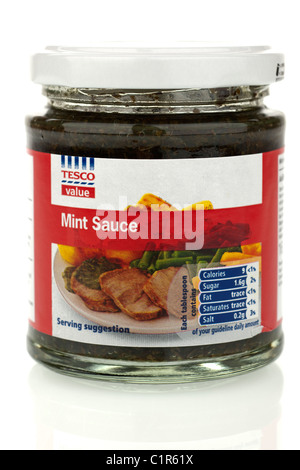 Glas mit Tesco Wert-Minze-sauce Stockfoto