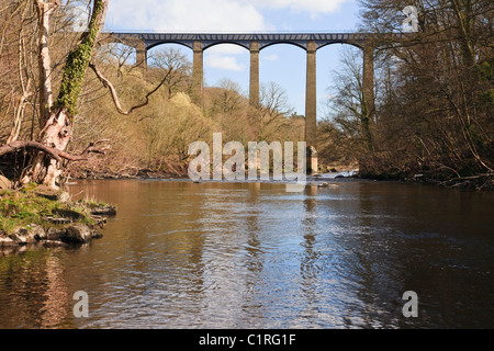 Trevor, Wrexham, Nordwales, UK. Pontcysyllte Aquädukt trägt Llangollen Kanal über das Tal des Flusses Dee. Stockfoto