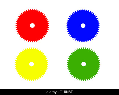 Farbige Vektor-Illustrationen von Zahnrädern isoliert auf weiss Stockfoto