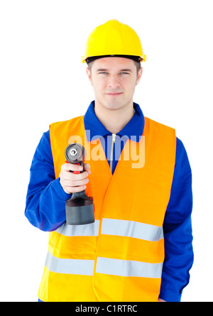 Junge männliche Arbeiter tragen Helm und Holding-Bohrmaschine Stockfoto