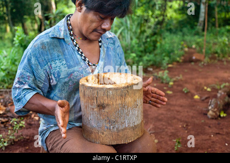 Mbya Guarani Handwerker Hand-Gebäude eine Guarani-Trommel (Anguapu) vom Stamm einer Palme. Stockfoto