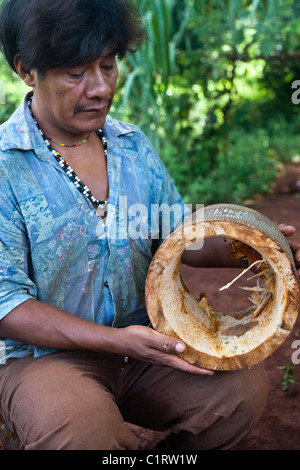 Mbya Guarani Handwerker Hand-Gebäude eine Guarani-Trommel (Anguapu) vom Stamm einer Palme. Stockfoto