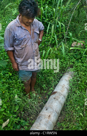 Angel Morinigo, ein Mbya Guarani Handwerker und Musiker von San Ignacio, Misiones, Argentinien, Hand-Innenstadthaus eine Trommel. Stockfoto