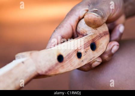 Angel Morinigo, ein Mbya Guarani Handwerker und Musiker, Hand-Gebäude eine Guarani 3-saitige Geige (Rabe). Stockfoto