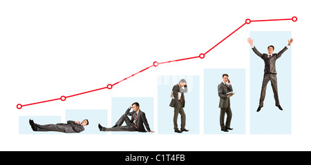 Kreatives Foto der Geschäftsmann in verschiedenen Stimmungen unter Diagramm Stockfoto