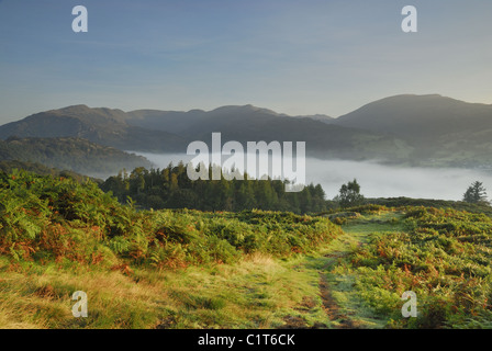 Ende Sommer, Anfang Herbst Blick vom Loughrigg mit Blick auf das Fairfield Hufeisen im englischen Lake District Stockfoto