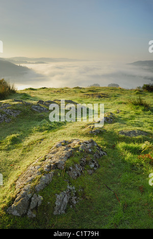 Sommermorgen Nebel über Lake Windermere. Die Aussicht vom Loughrigg fiel im englischen Lake District Stockfoto