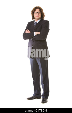 Vertikales Bild von erfolgreicher Geschäftsmann im eleganten Anzug, Blick in die Kamera Stockfoto