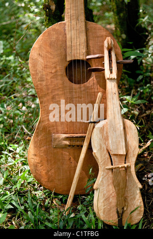 Handgefertigte Mbya Guarani Violine und Gitarre im Dschungel.  San Ignacio, Misiones, Argentinien. Stockfoto