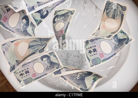 Japanische Yen-Banknoten werden in die Toilette gespült. Japanische Währung. Wirtschaftlicher Zusammenbruch. Stockfoto