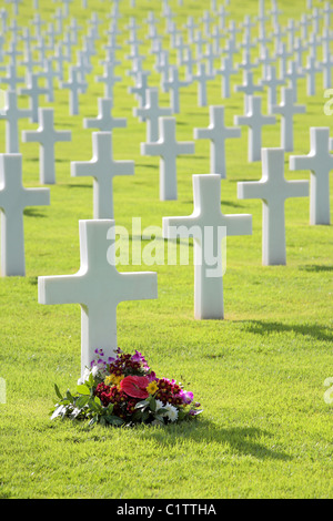 Schöne Blumen von einem Kreuz geformten Grabstein in einem militärischen Grab in Italien gelegt. Es gibt Reihen von Hunderten von weißen Grabsteinen. Stockfoto