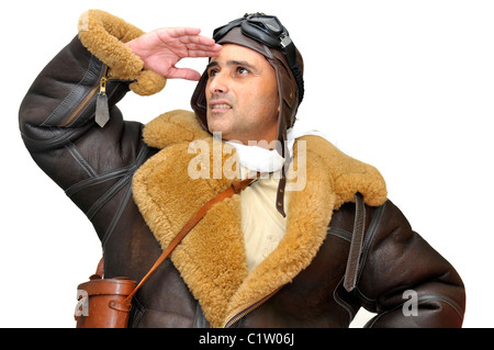 WWII Kampfpilot isoliert in weiß Stockfoto