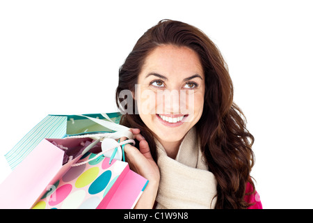 Lächelnde Frau mit Einkaufstüten Stockfoto