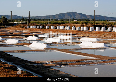 Salz Pfähle und Taschen auf den Salinen in der Nähe von Olhão, Portugal. Stockfoto