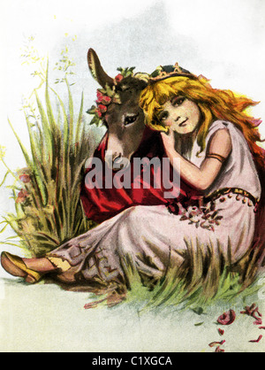 US-amerikanischer Illustrator Frances Brundage zeigt Titania mit einem Clown, auf dessen Kopf Puck hatte einen Eselskopf gelegt. Stockfoto