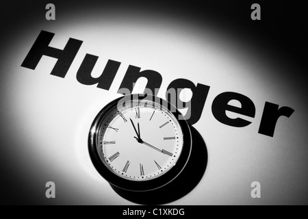 Uhr und Wort des Hungers für Hintergrund Stockfoto