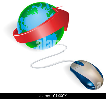 Konzept. Eine Maus angeschlossen, eine Weltkugel mit Pfeil. Stockfoto