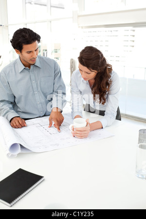 Gut aussehend Geschäftsmann zeigt einen Plan zu seiner schönen Partnerin Stockfoto