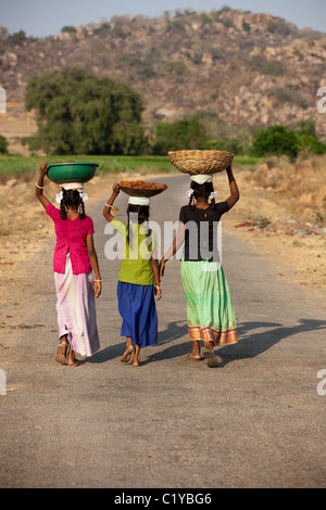 Mädchen tragen Körbe Andhra Pradesh in Indien Stockfoto