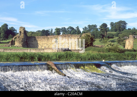 Alexandrina & ländliche Landschaft mit stürzenden Wasser über Wehr & Ruinen der historischen English Heritage Kirkham Priory North Yorkshire England Großbritannien Stockfoto