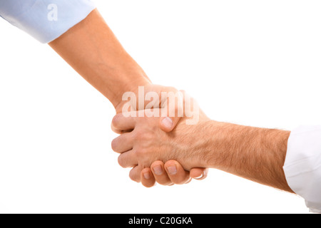 Bild des Mannes-Handshakes isoliert auf weißem Hintergrund Stockfoto