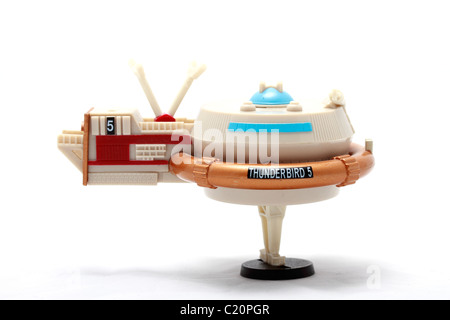 Eine Thunderbird 5 Spielzeug oder ein Modell aus der Gerry Andersen Marionette Fernsehserie Thunderbirds. Thunderbird 3 ist eine Raumstation oder ein Raumschiff Stockfoto