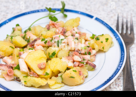 Oktopus-Salat mit Kartoffeln, Knoblauch, Petersilie, Zitronensaft und Olivenöl auf kroatischen Stil Stockfoto