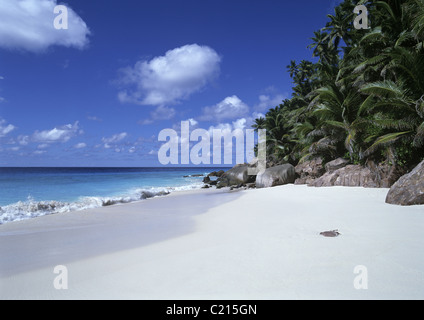 Hotelstrand auf Fregate Island, Seychellen Stockfoto