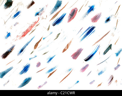 Abstrakte Diagonale Flecken und Kratzer von blau, braun und lila Aquarellfarbe auf einem weißen Hintergrund angezeigt. Verschmiert und schmiert Vielzahl Kunstwerk Stockfoto