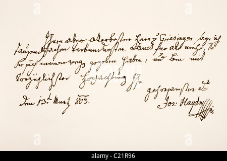 Franz Joseph Haydn, 1732-1809. Österreichischer Komponist. Hand-Arbeitsprobe. Stockfoto