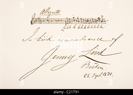 Johanna Maria Lind, 1820 – 1887. Als Jenny Lind bekannt. Schwedische Opernsängerin. Hand-Arbeitsprobe. Stockfoto