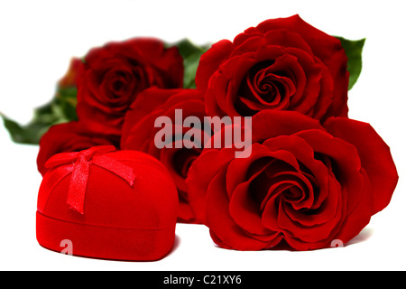 rotes Feld für Geschenke und Rose isoliert auf weißem Hintergrund Stockfoto