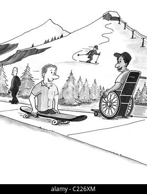 Vier Personen in einem Skigebiet in den verschiedenen Zuständen von Fähigkeiten und Behinderungen Aktivitäten genießen. Manche Menschen sehen einige als Behinderte, die Ausübung von Sport Stockfoto