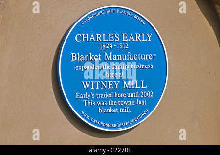 Blaue Plakette auf Early es Decke Mühle, Witney, Oxfordshire, England, UK Stockfoto