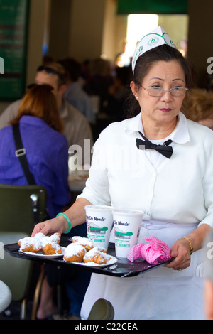 Server im Cafe Du Monde im French Quarter von New Orleans, Louisiana, USA. Stockfoto