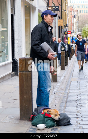 London, Covent Garden, Obdachlosen, Vagabund, tramp, Hobo im Baseball Cap mit Hund an der Leine führen oder verkauft die grosse Ausgabe Stockfoto