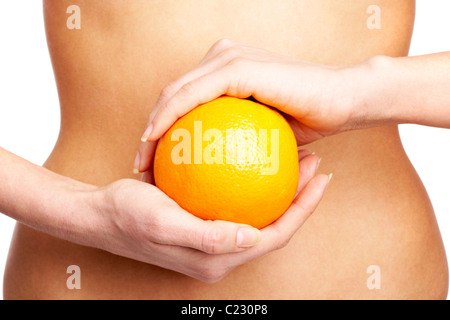 Nahaufnahme von weiblichen Händen mit orange Stockfoto