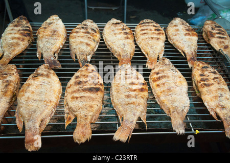 Gegrillte Tilapia Fisch serviert in Chiang Mai Night Market, Thailand Stockfoto