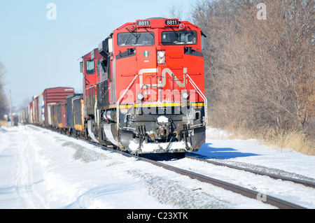 Einheit 8811 heads up zwei Canadian National Railway Lokomotiven an einem kalten Wintertag. Bartlett, Illinois, USA. Stockfoto