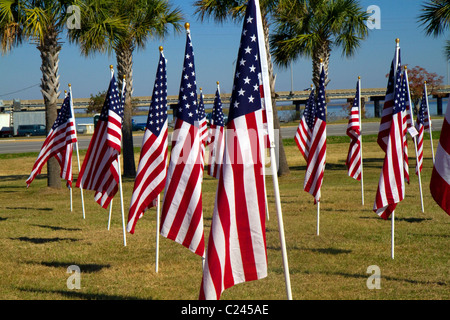 USA-Flaggen auf dem Display zu Ehren der Veteranen Dat im Battleship Memorial Park, Mobile, Alabama, USA. Stockfoto