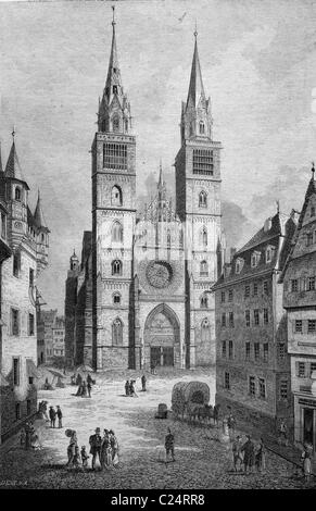 Kirche der Lorenzkirche in Nürnberg, Deutschland, historische Abbildung, 1877 Stockfoto