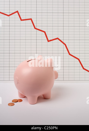 Sparschwein sorgt sich über die Grafik des Finanzabschwungs Stockfoto